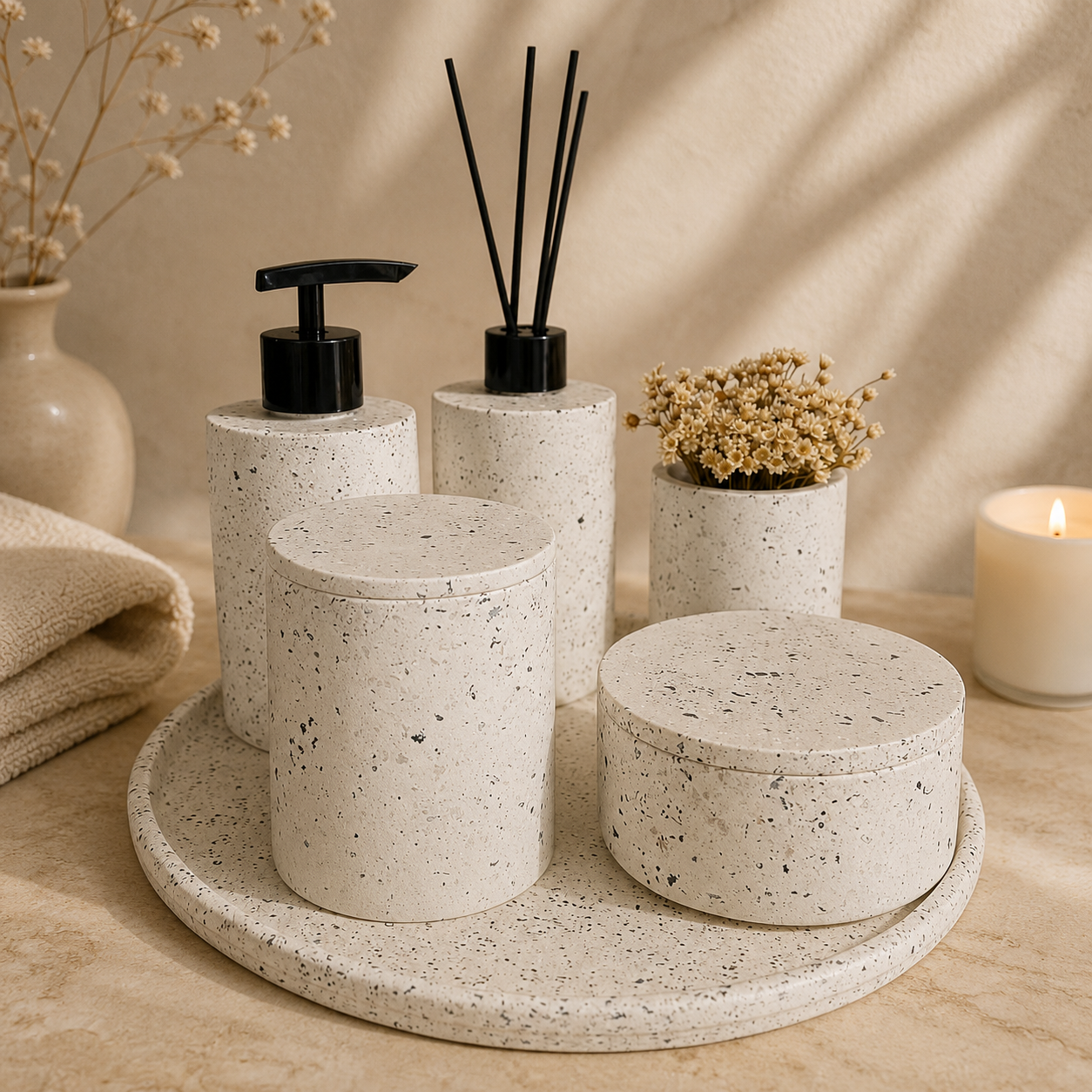 Peças artesanais em cimento com acabamento granilite e acessórios pretos em styling editorial.