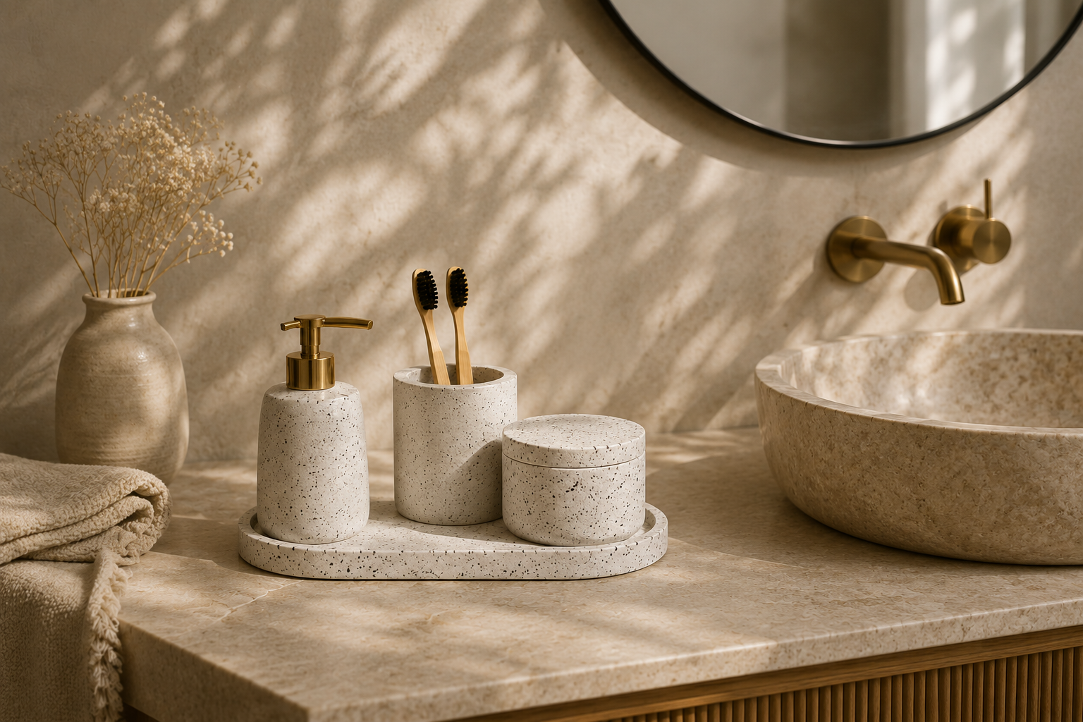 Lavabo decorado com peças artesanais em cimento da Cinza Nobre
